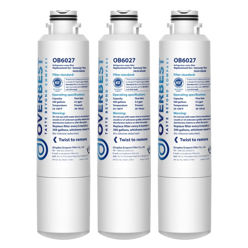 Overbest DA29-00020B Refrigerator Water Filter, Replacement for Samsung HAF-CIN, 46-9101, RF28HMEDBSR, RF4287HARS, RF263TEAESG, RH22H9010SR, 3 Filters - Image 1